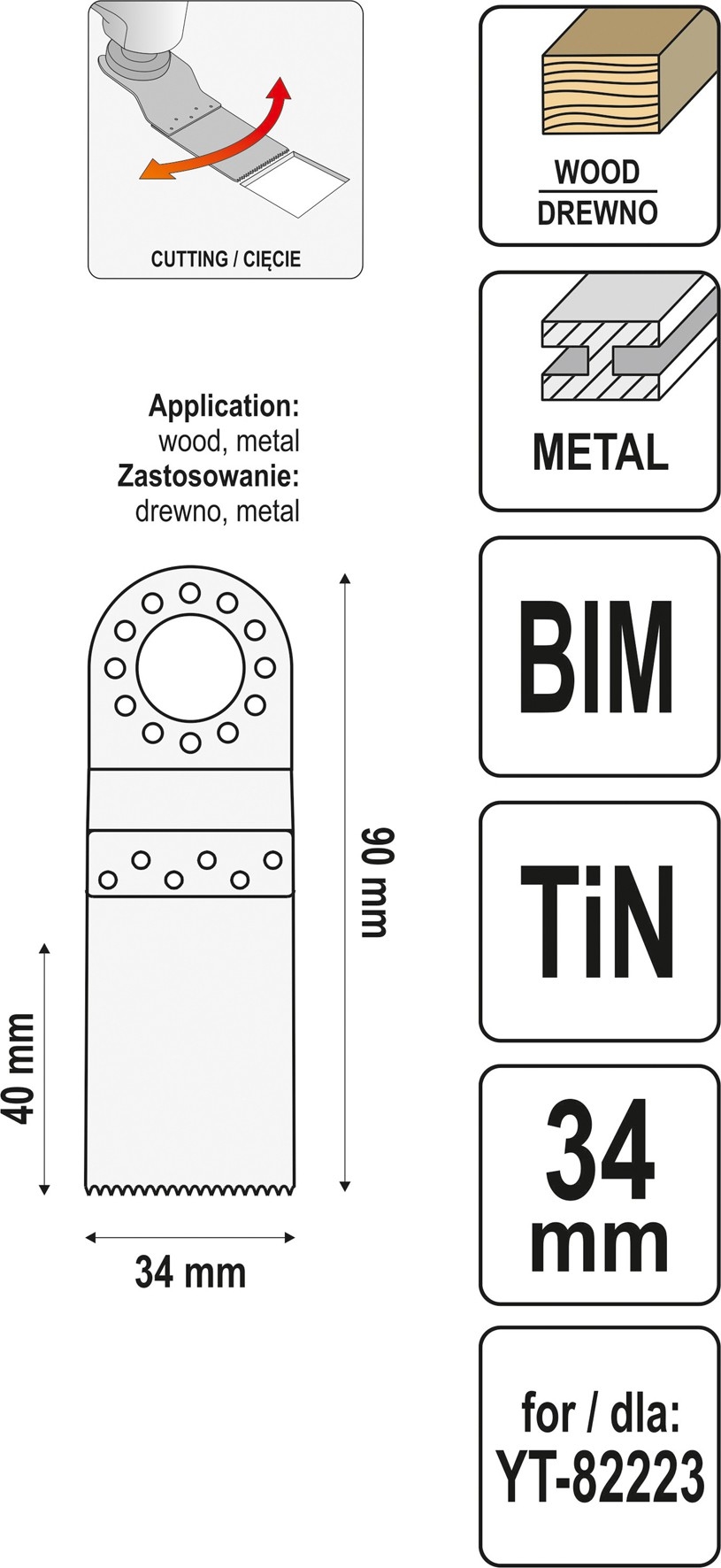 Ašmenys pjūkliniai BIM-TIN daugiafunkciniui prietaisui YT-82223, 90x34mm Titano