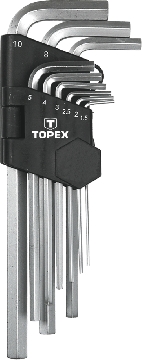Raktų šešiabriaunių rinkinys 9vnt. 1,5-10mm ilgi Hex Cr-V Topex