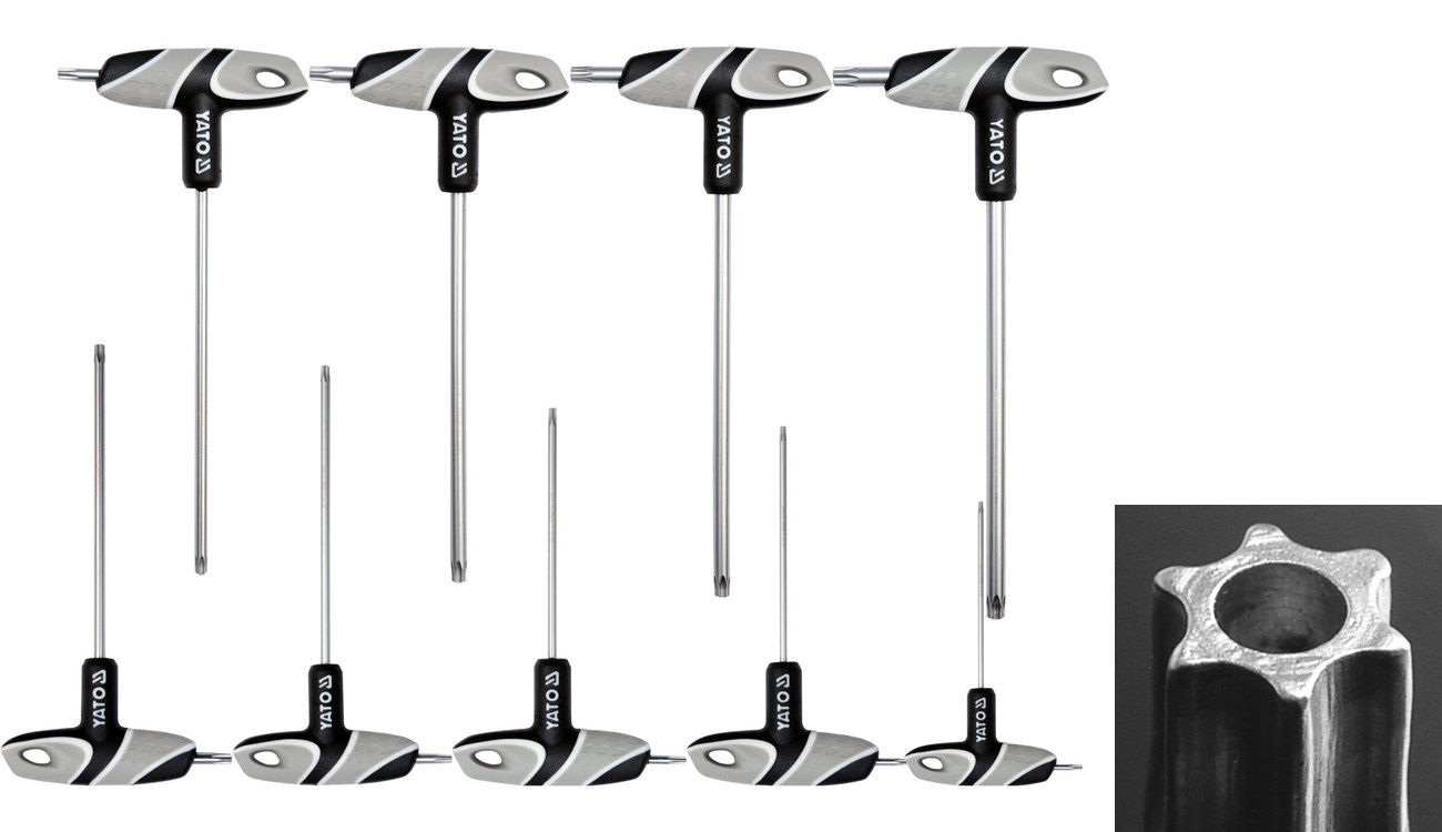 Raktų TORX TR (Security) su T formos rankena S2 komplektas T10–T50, 9 vnt. YATO (YT-05615)