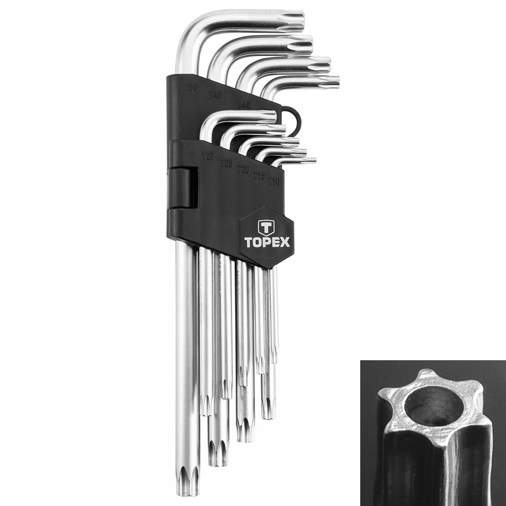 Raktų TORX TR (Security) CrV komplektas T10–T50, ilgi, 9 vnt. TOPEX (35D961)